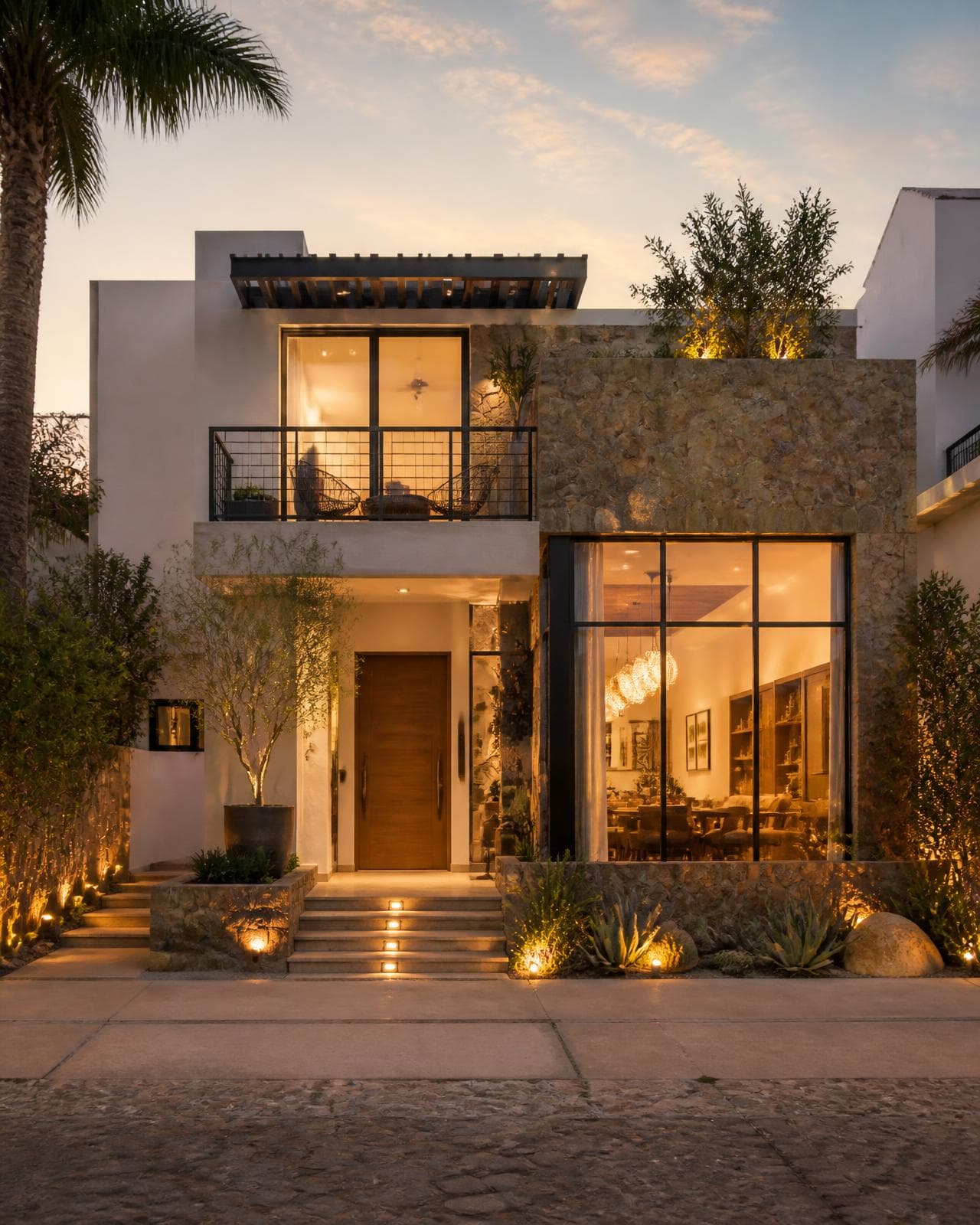 Casa residencial moderna iluminada al atardecer en el Valle de Toluca