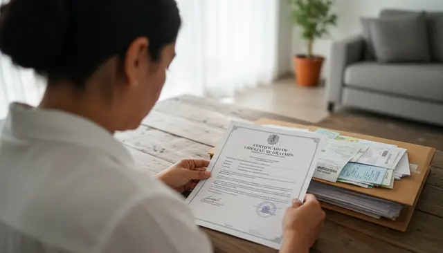 Vista sobre el hombro de una mujer revisando documentos oficiales de una propiedad con sellos y comprobantes.