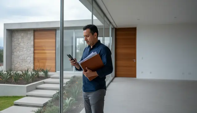 Hombre revisa documentos de crédito junto a una ventana con luz de día nublado
