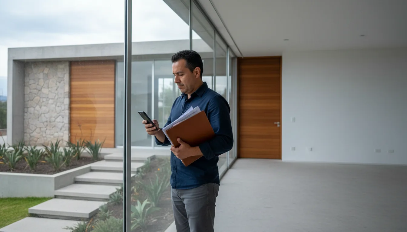 Hombre revisa documentos de crédito junto a una ventana con luz de día nublado