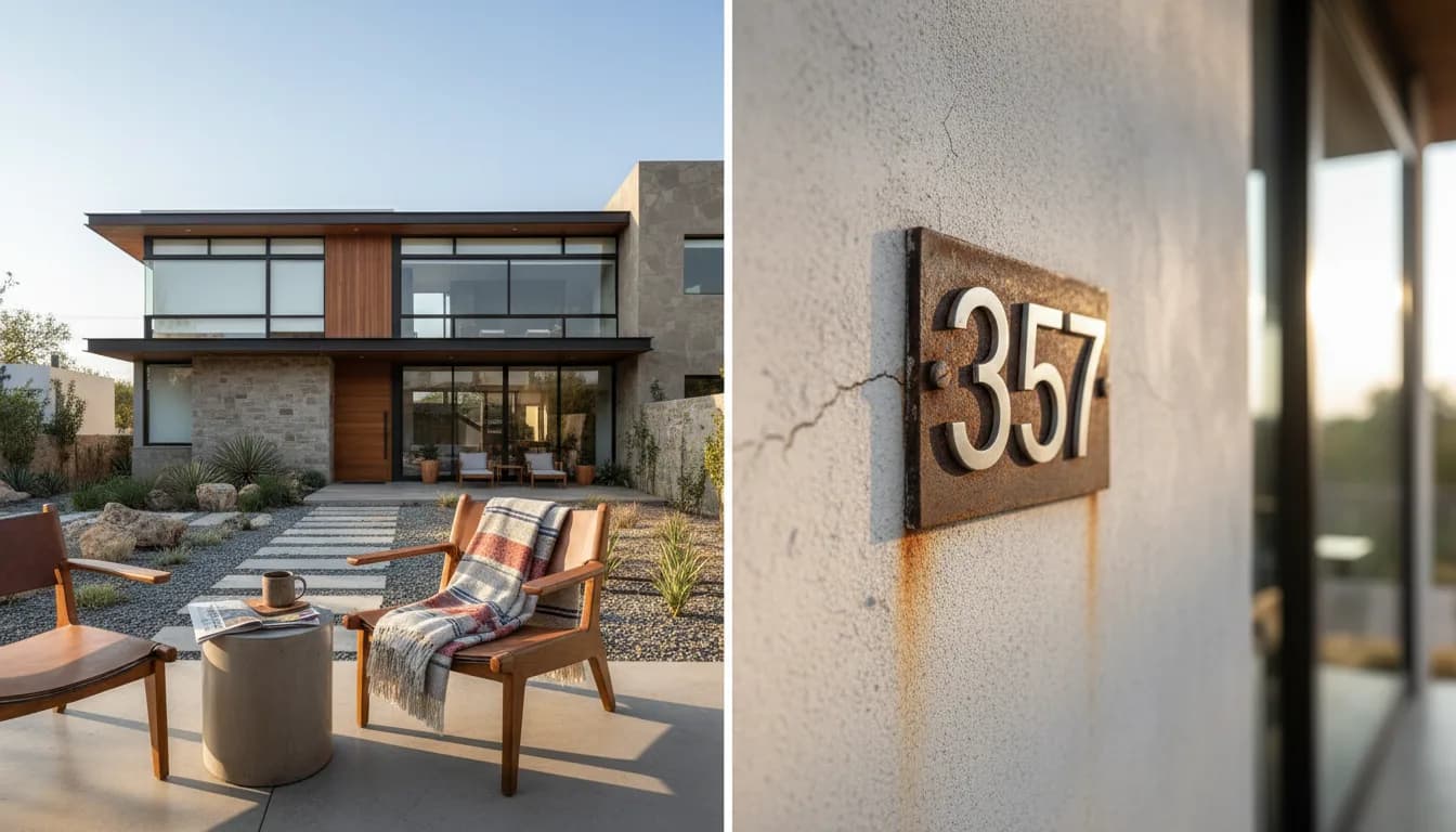 Primer plano de una placa metálica con número de casa sobre un muro con textura