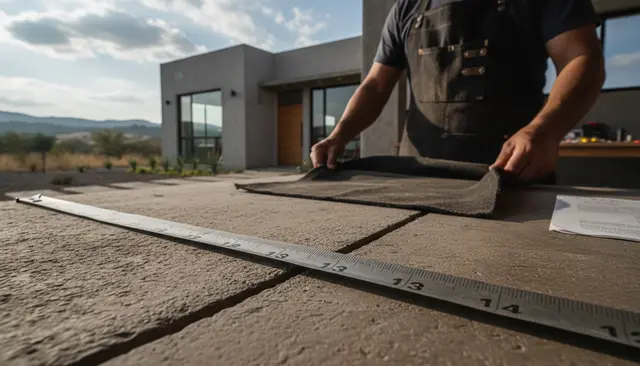 Cinta métrica extendida sobre la junta de un piso de concreto