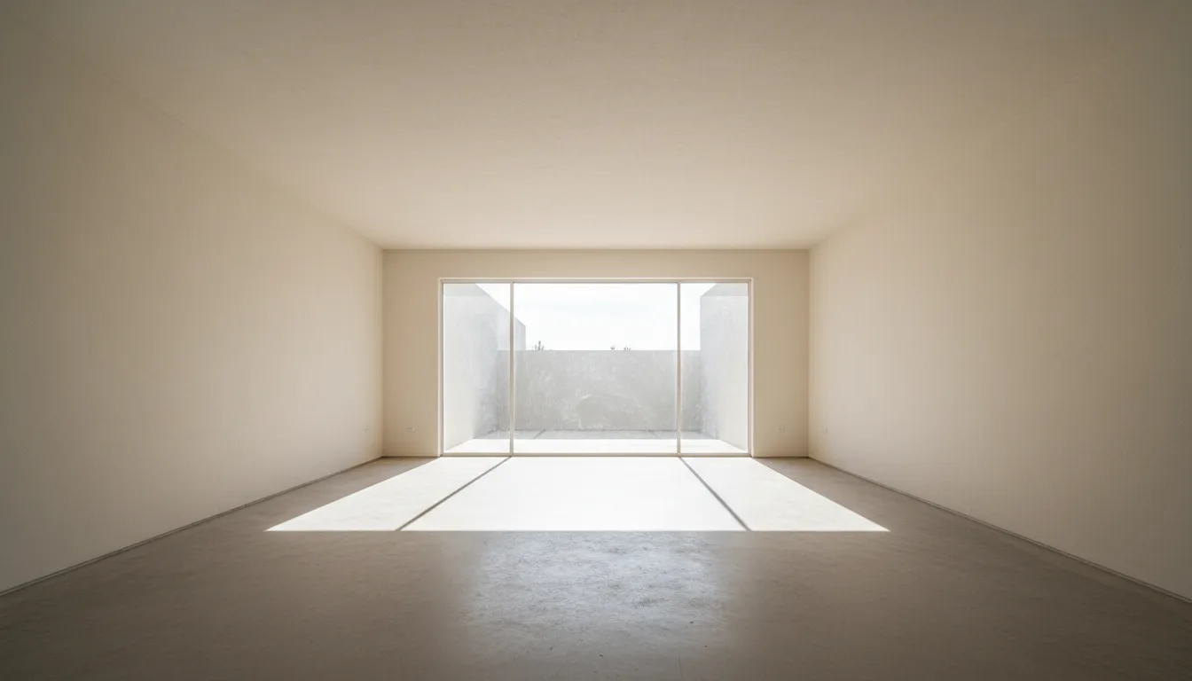 Sala vacía con luz de mediodía entrando por una ventana amplia y simétrica