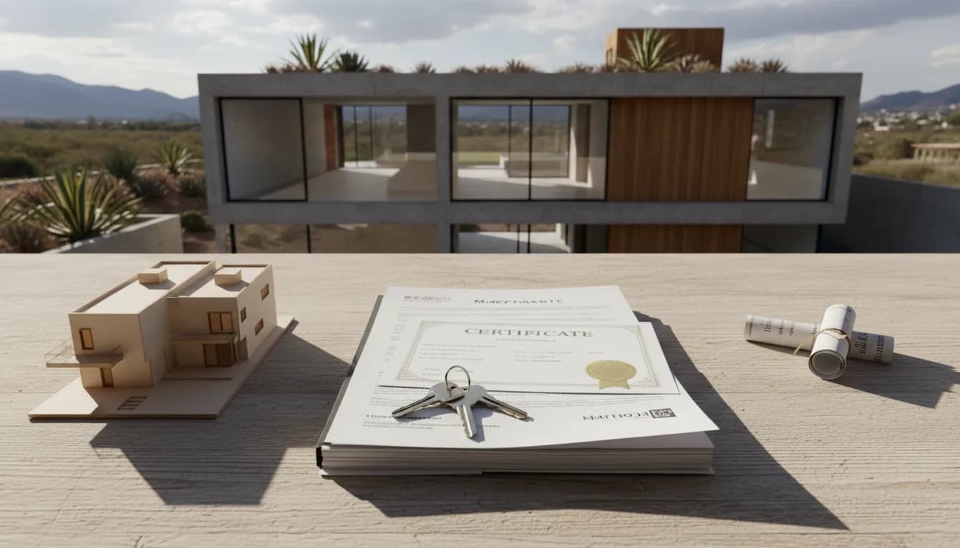 Llaves, documentos hipotecarios y una maqueta de casa vistos desde arriba sobre una mesa