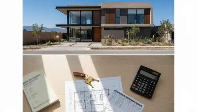 Llaves, plano de casa, calculadora y documentos bancarios ordenados sobre una mesa