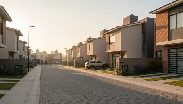 Calle de un fraccionamiento al amanecer con casas alineadas y una persona a lo lejos