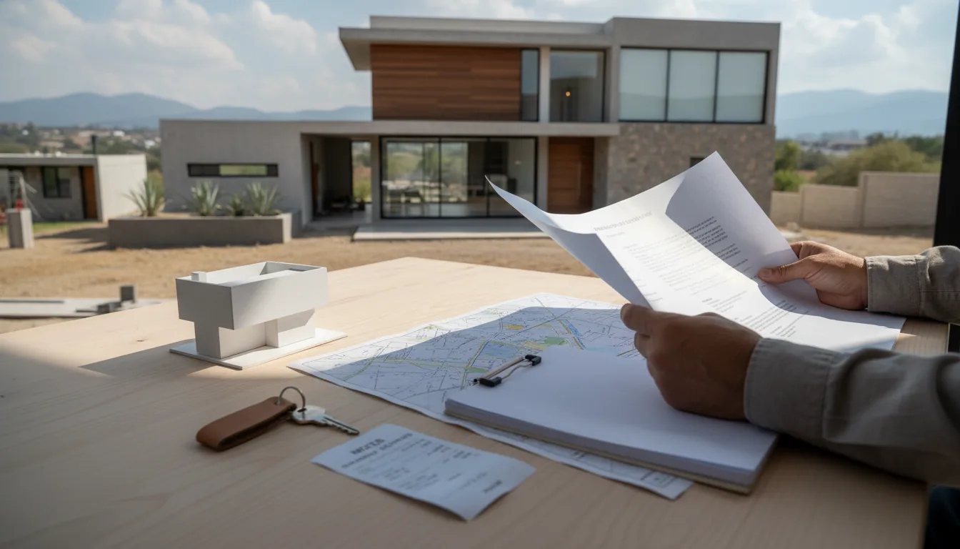 Llaves, mapa, maqueta de casa y documentos ordenados sobre una mesa vistos desde arriba