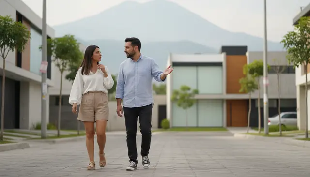 Dos personas caminan conversando por una calle residencial mientras señalan una casa