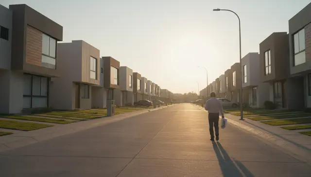 Calle de un fraccionamiento al amanecer con una persona de espaldas caminando