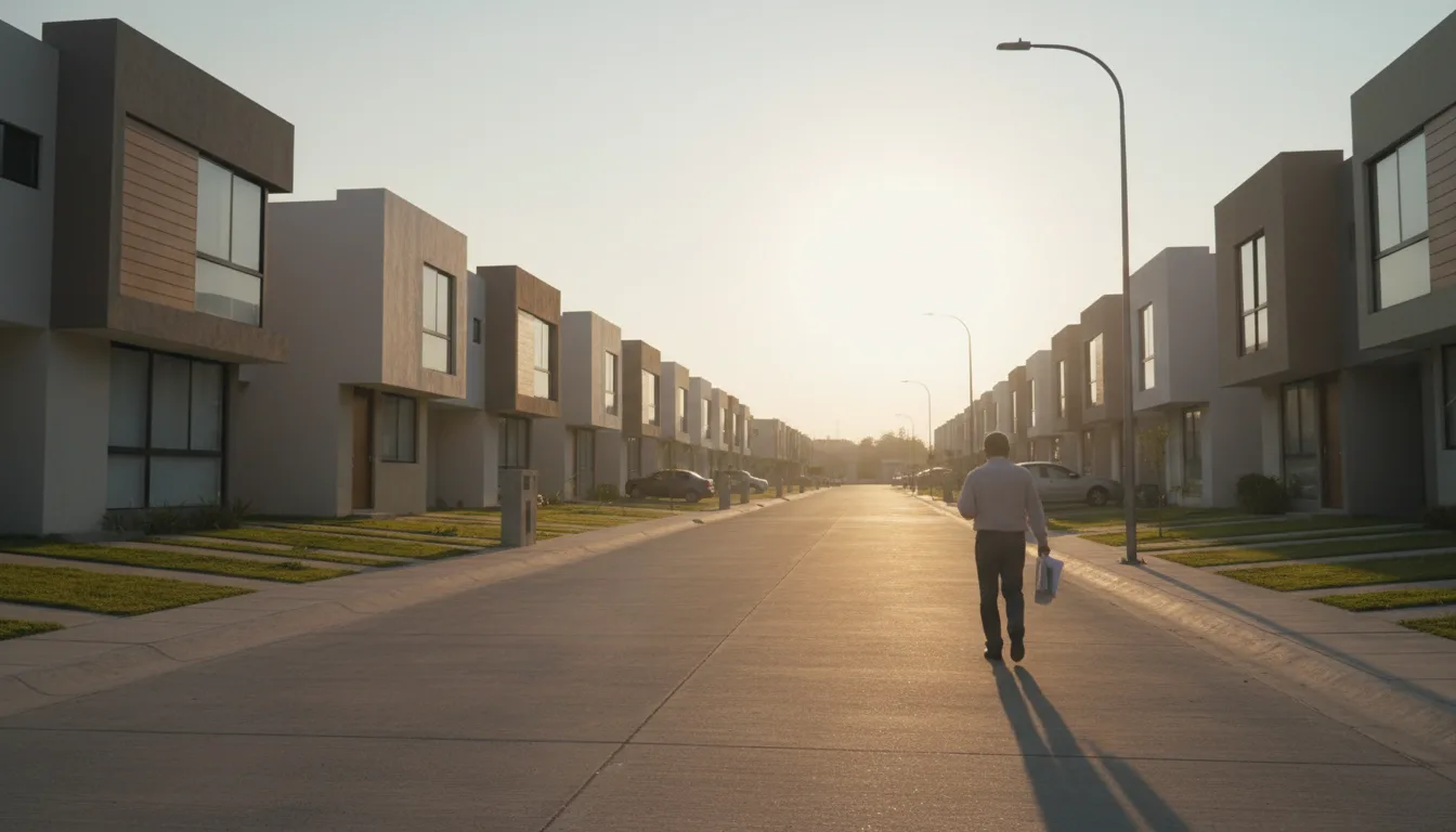 Calle de un fraccionamiento al amanecer con una persona de espaldas caminando