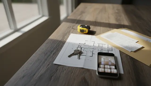 Llaves, planos y recibos ordenados sobre una mesa de madera con luz natural