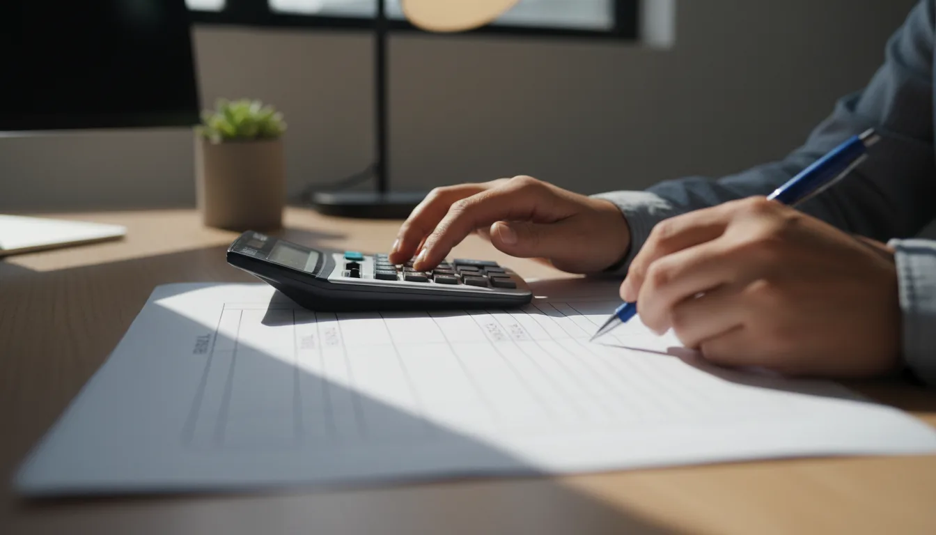 Manos comparando cifras de renta y crédito con una calculadora sobre una hoja de papel