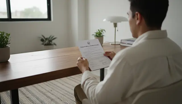 Persona revisando un certificado de propiedad sobre un escritorio, vista desde atrás