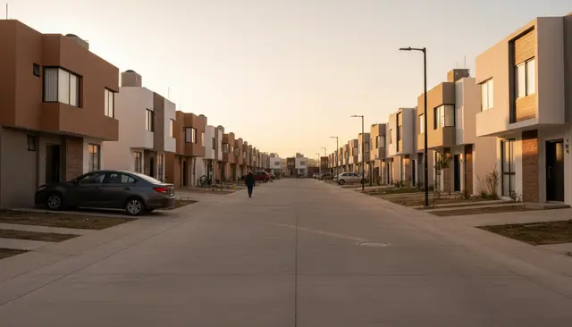Calle de un fraccionamiento residencial visto de lejos al amanecer, con casas modernas en hilera