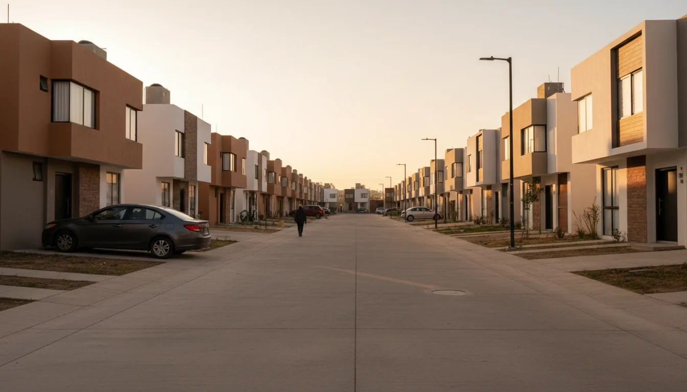 Calle de un fraccionamiento residencial visto de lejos al amanecer, con casas modernas en hilera