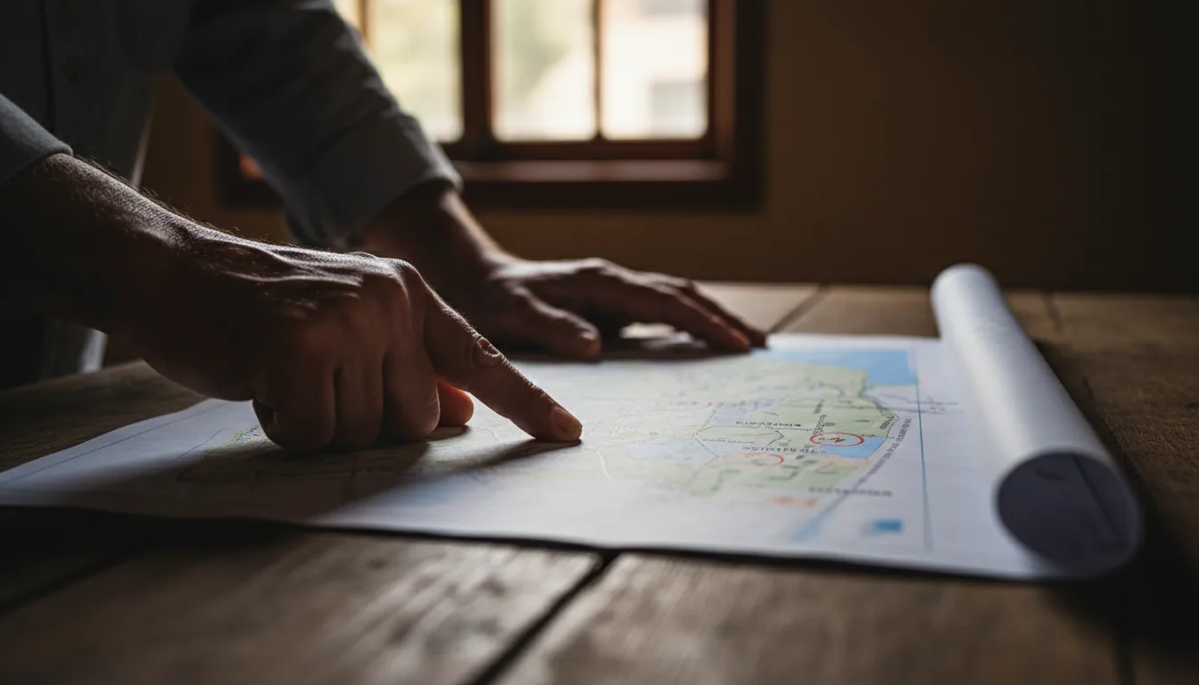 Manos señalando puntos marcados en un mapa impreso del municipio de Calimaya