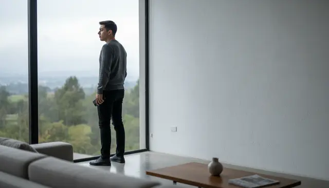 Persona junto a una ventana mirando hacia afuera en una sala contemporánea