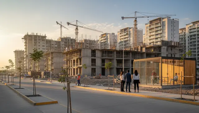 Vista general de un desarrollo habitacional en construcción al amanecer, con edificios a medio terminar y personas observando de lejos.