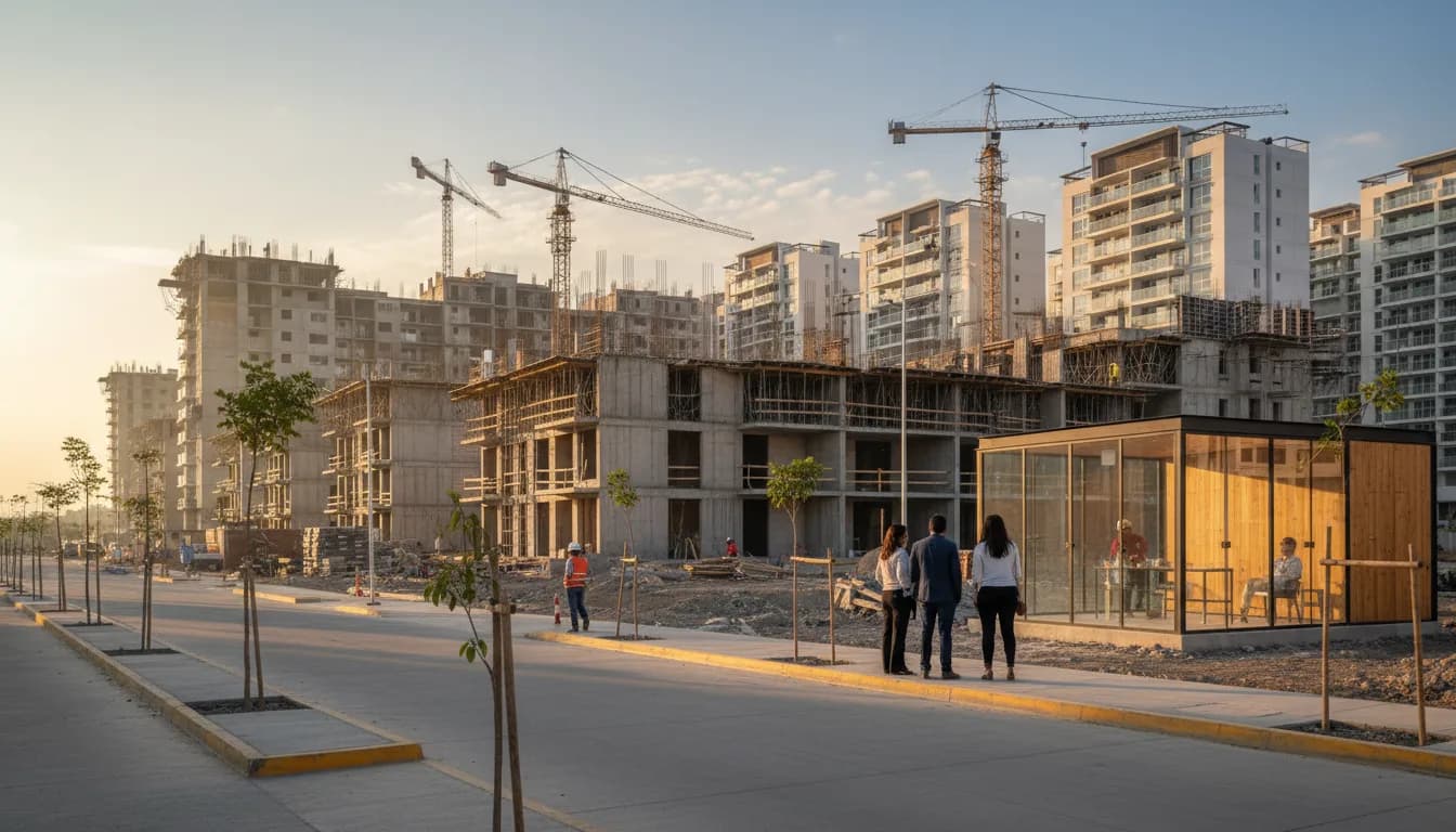Vista general de un desarrollo habitacional en construcción al amanecer, con edificios a medio terminar y personas observando de lejos.