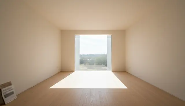 Sala vacía con ventana central y luz de mediodía entrando en línea recta