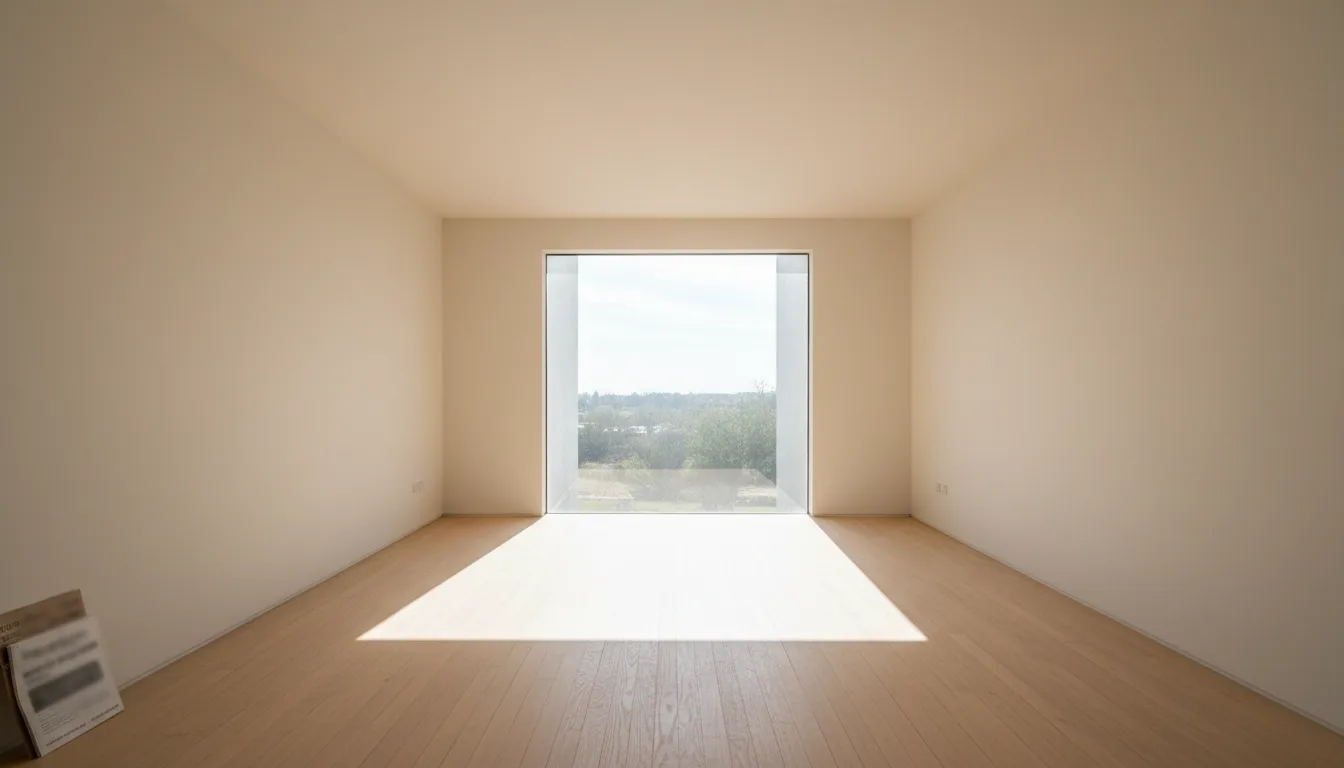 Sala vacía con ventana central y luz de mediodía entrando en línea recta