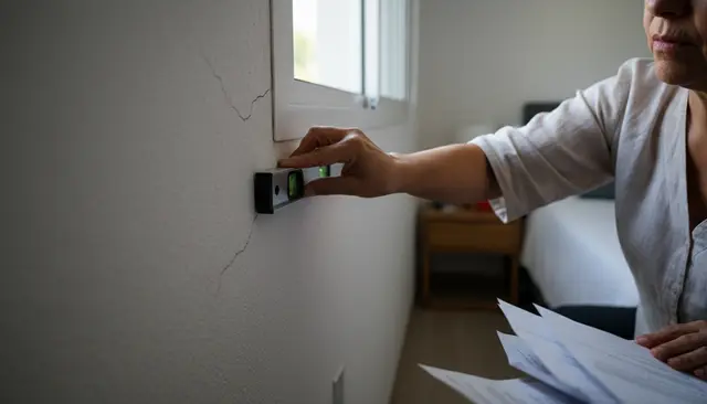 Manos revisando con un nivel una grieta en la pared de una habitación durante una visita a casa.