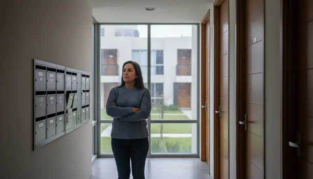 Mujer observa desde el pasillo compartido de un condominio hacia el área común en un día nublado.